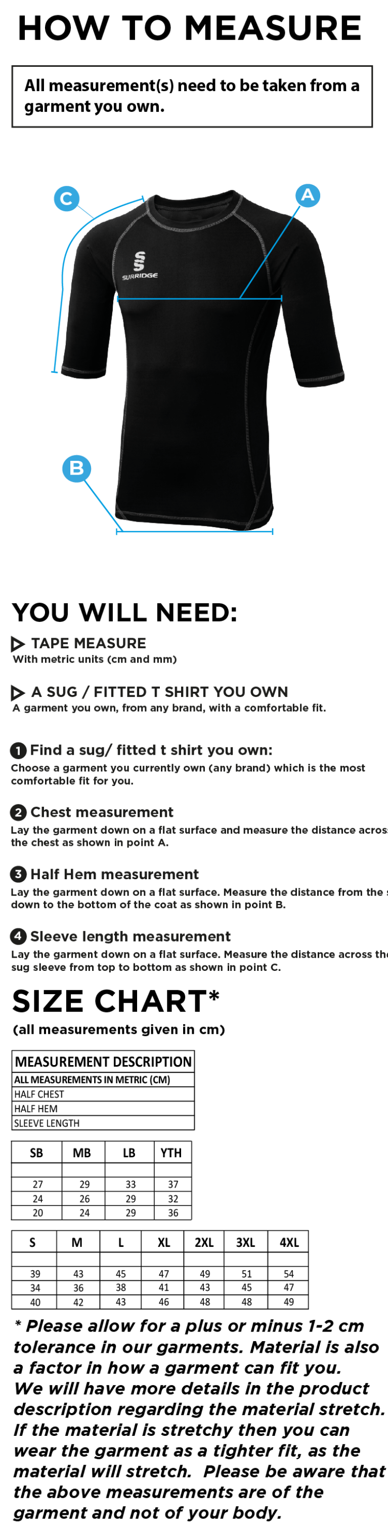 AMS Premier Short Sleeve Sug - Navy - Size Guide