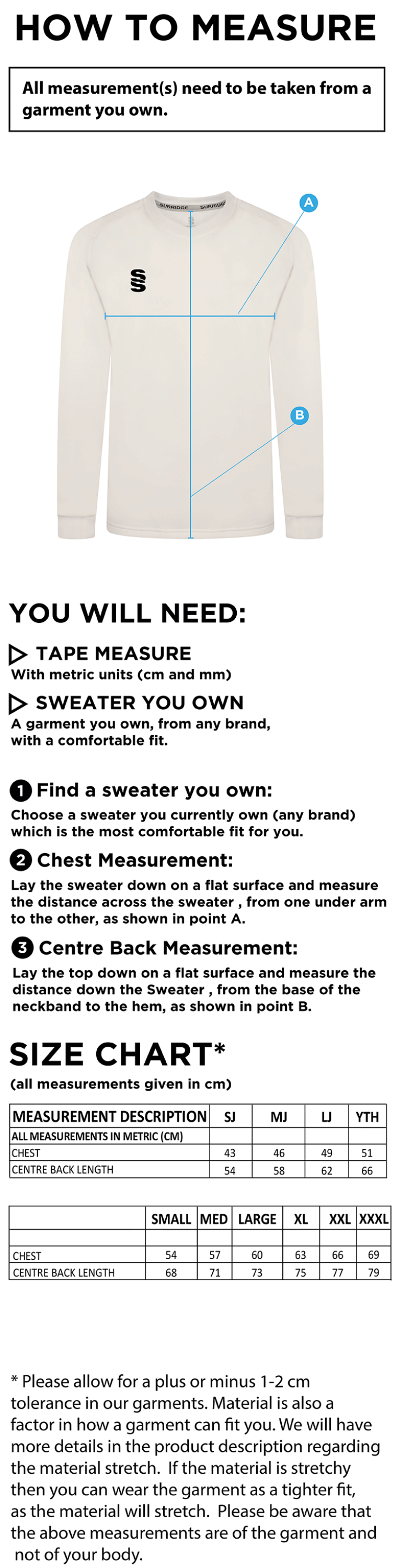 AMS Blast Long Sleeve Cricket Sweater - Size Guide