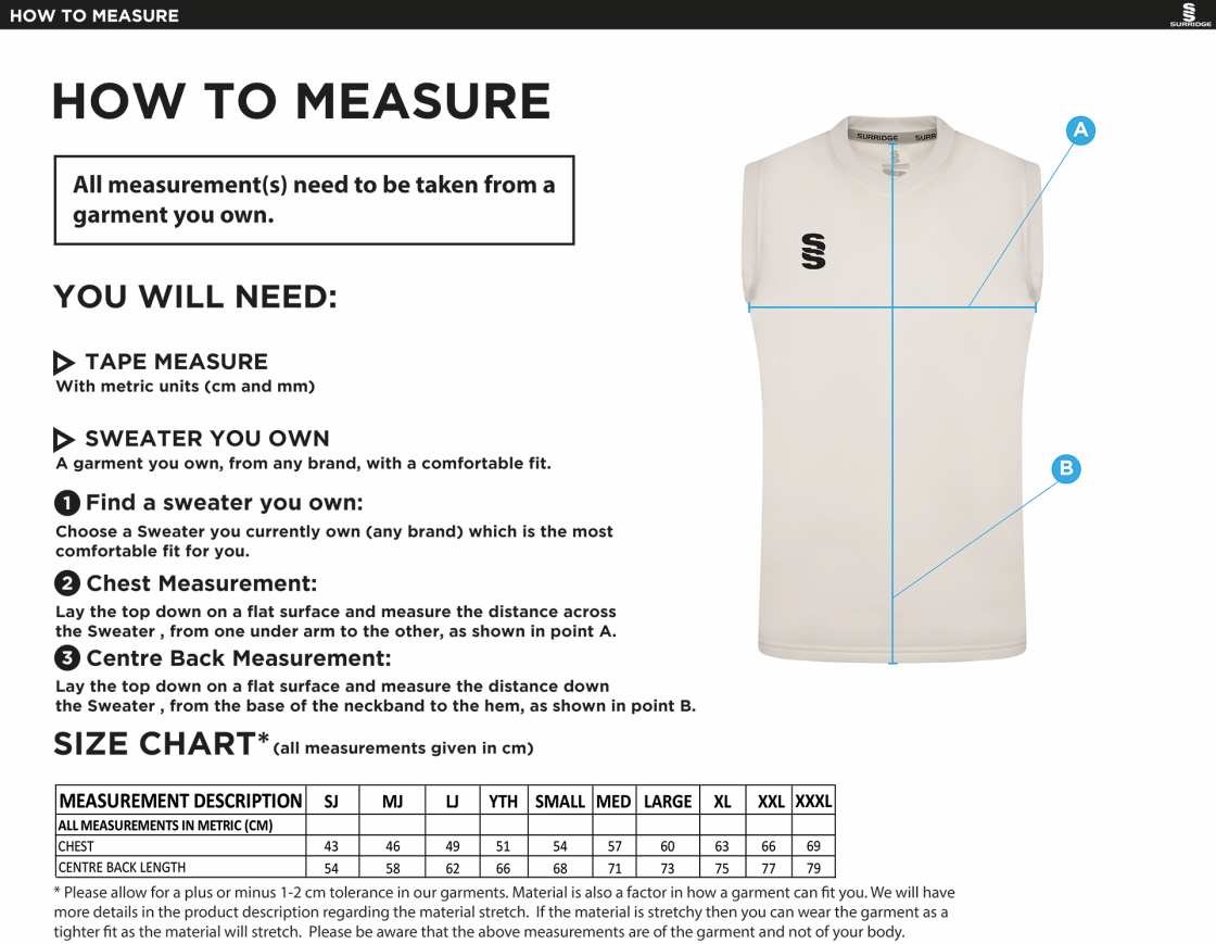 AMS Blast Sleeveless Cricket Sweater - Size Guide