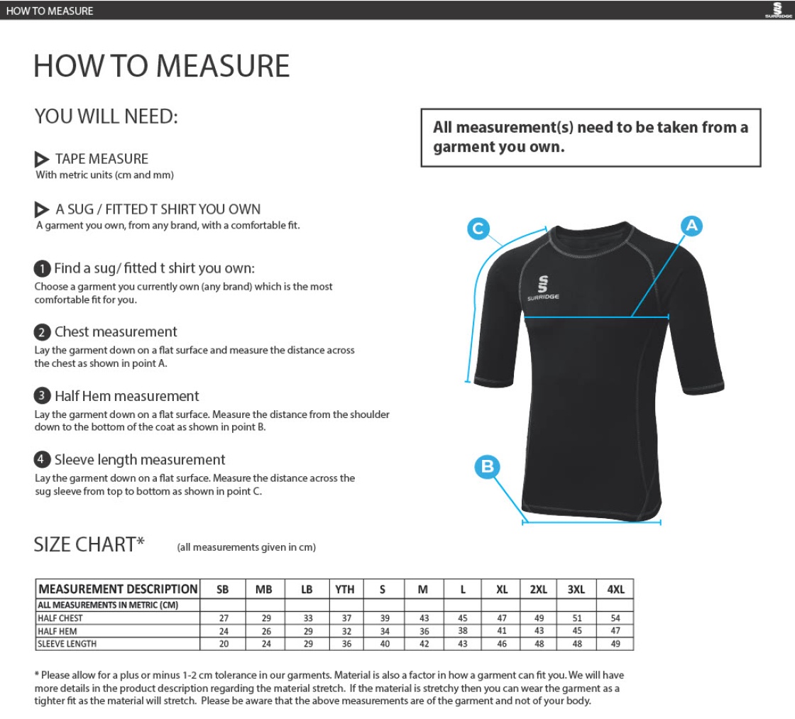 AMS Premier Short Sleeve Sug - Navy - Size Guide