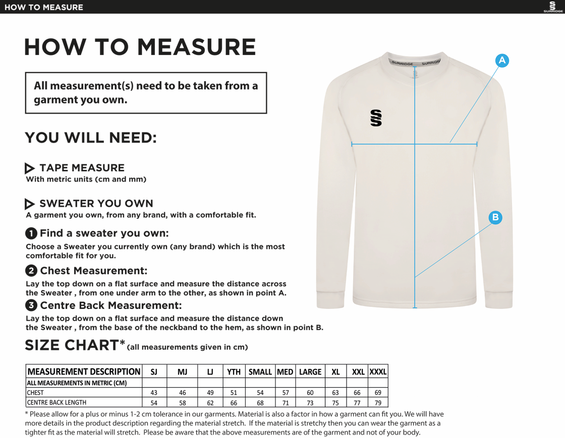AMS Blast Long Sleeve Cricket Sweater - Size Guide