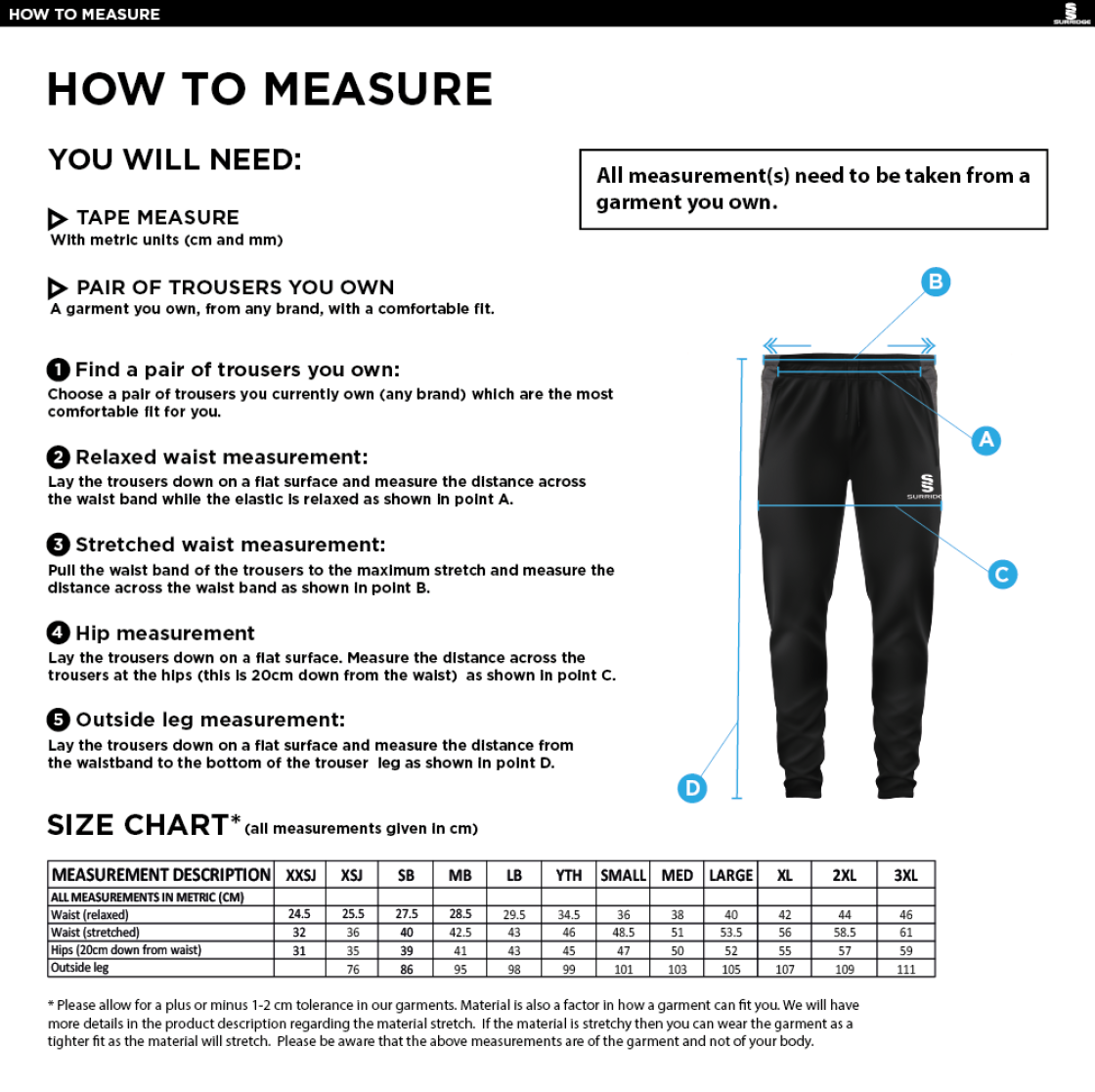 AMS Tek Slim Training Pants : Navy - Size Guide