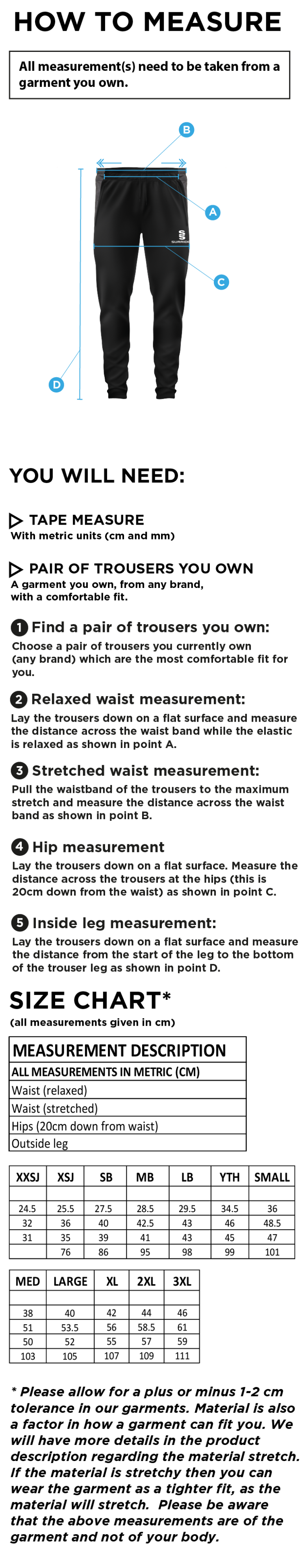 AMS Tek Slim Training Pants : Navy - Size Guide