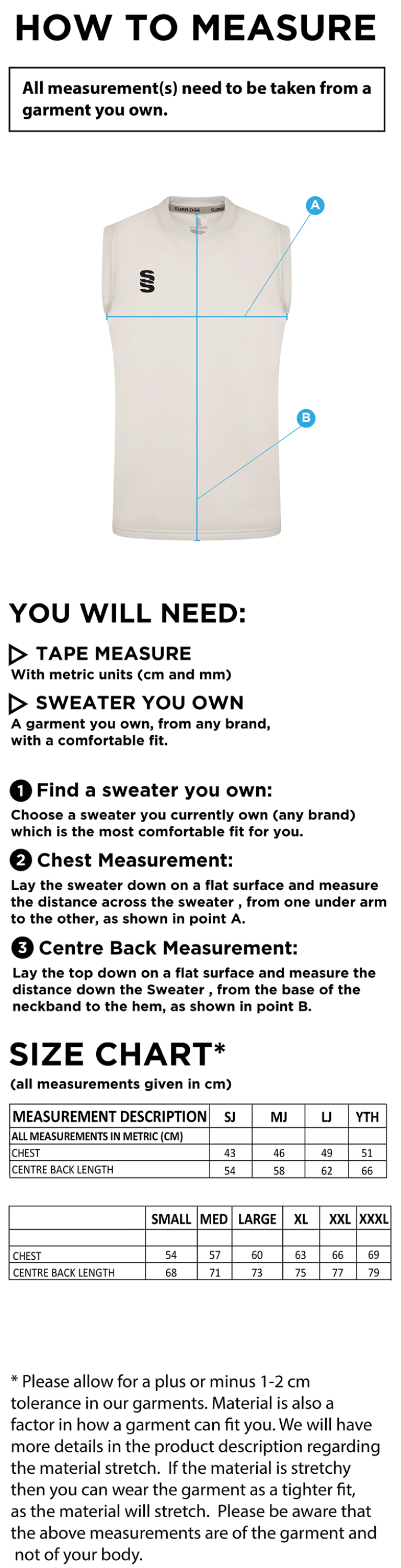 AMS Blast Sleeveless Cricket Sweater - Size Guide