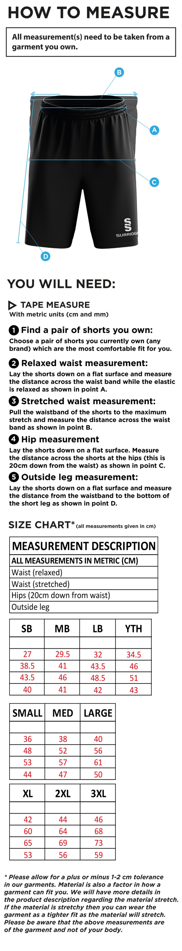 AMS Ripstop Pocketed Shorts - Navy - Size Guide