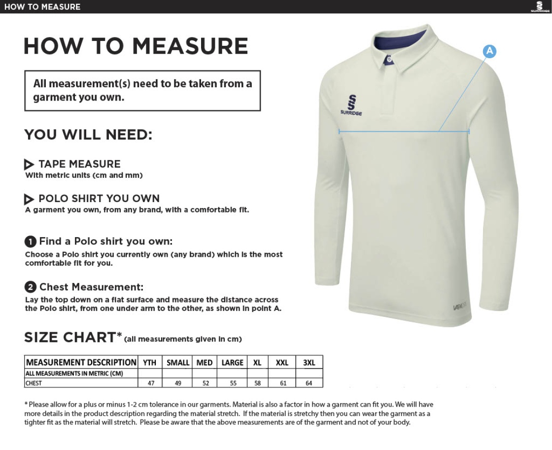 AMS Ergo Long Sleeve Maroon Trim Shirt - Size Guide