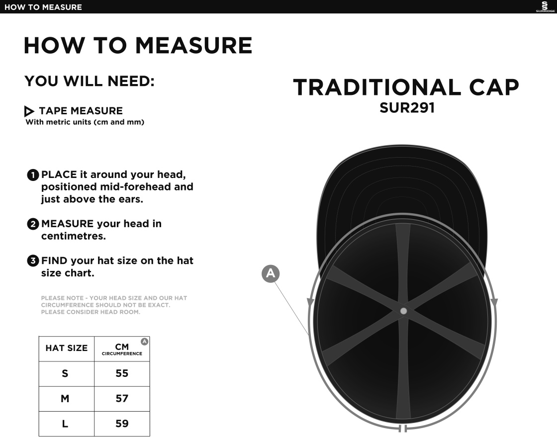 AMS English Playing Cap - Maroon - Size Guide