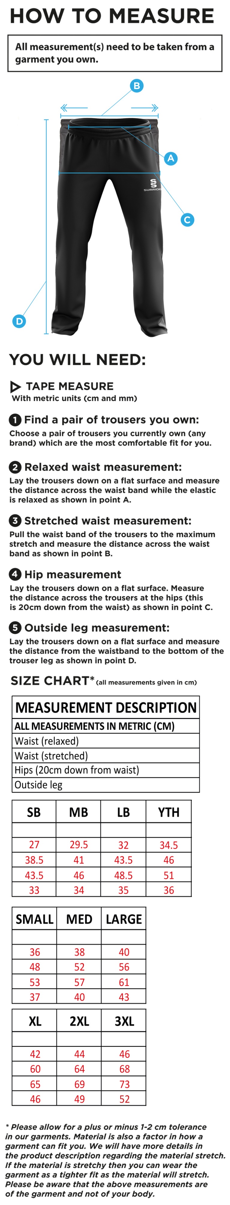 AMS Rip Stop Track Pant : Navy - Size Guide